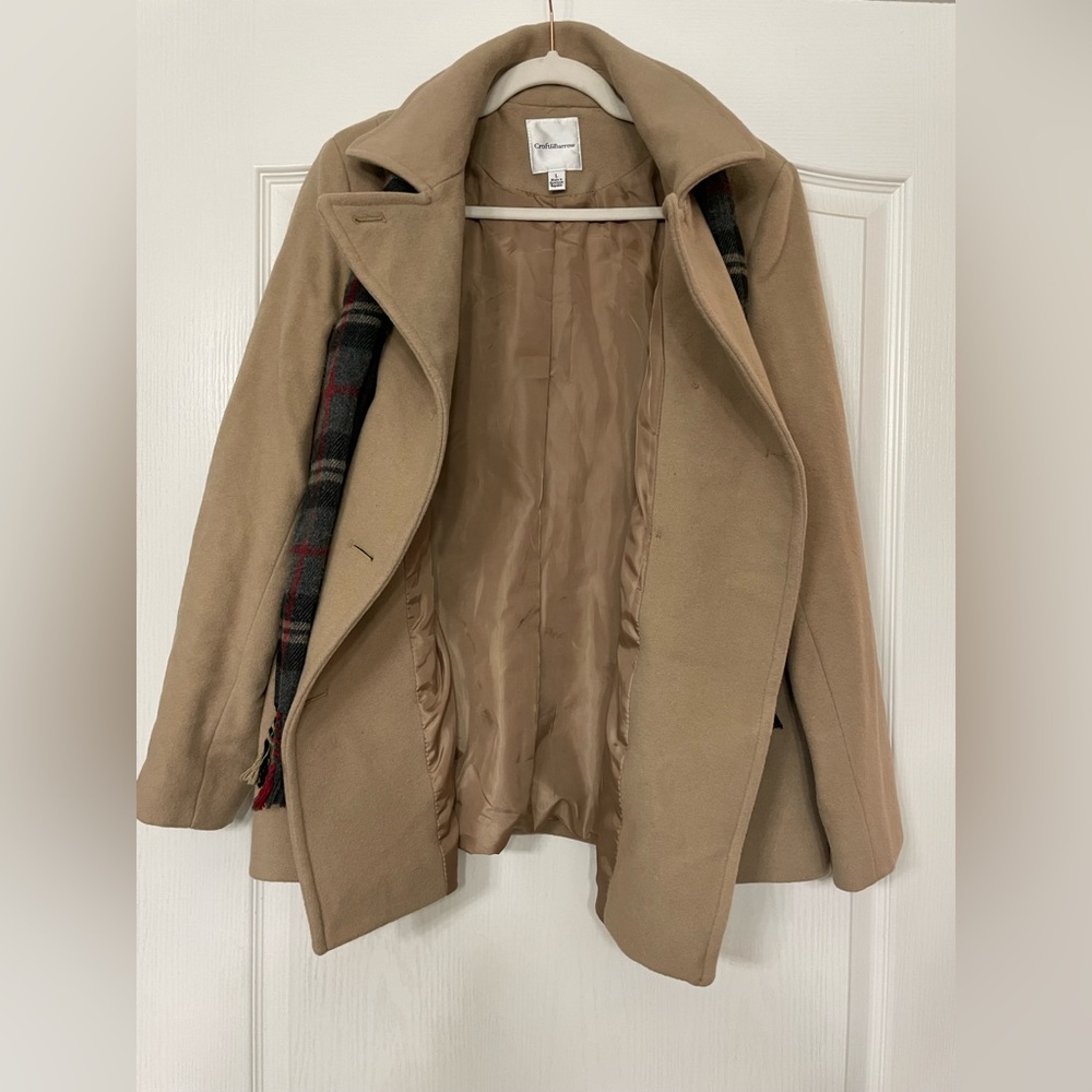 Croft & Barrow Tan Peacoat with Plaid Scarf Size Large - Picture 3 of 4